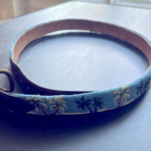 Needlepoint 40” belt with leather buckle and Palm trees.